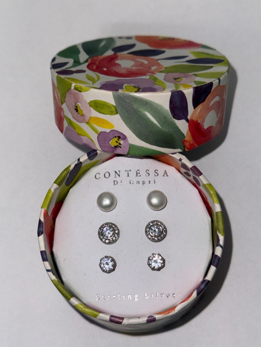 Contessa di Capri Sterling Silver Pearl and Crystal Earring Set